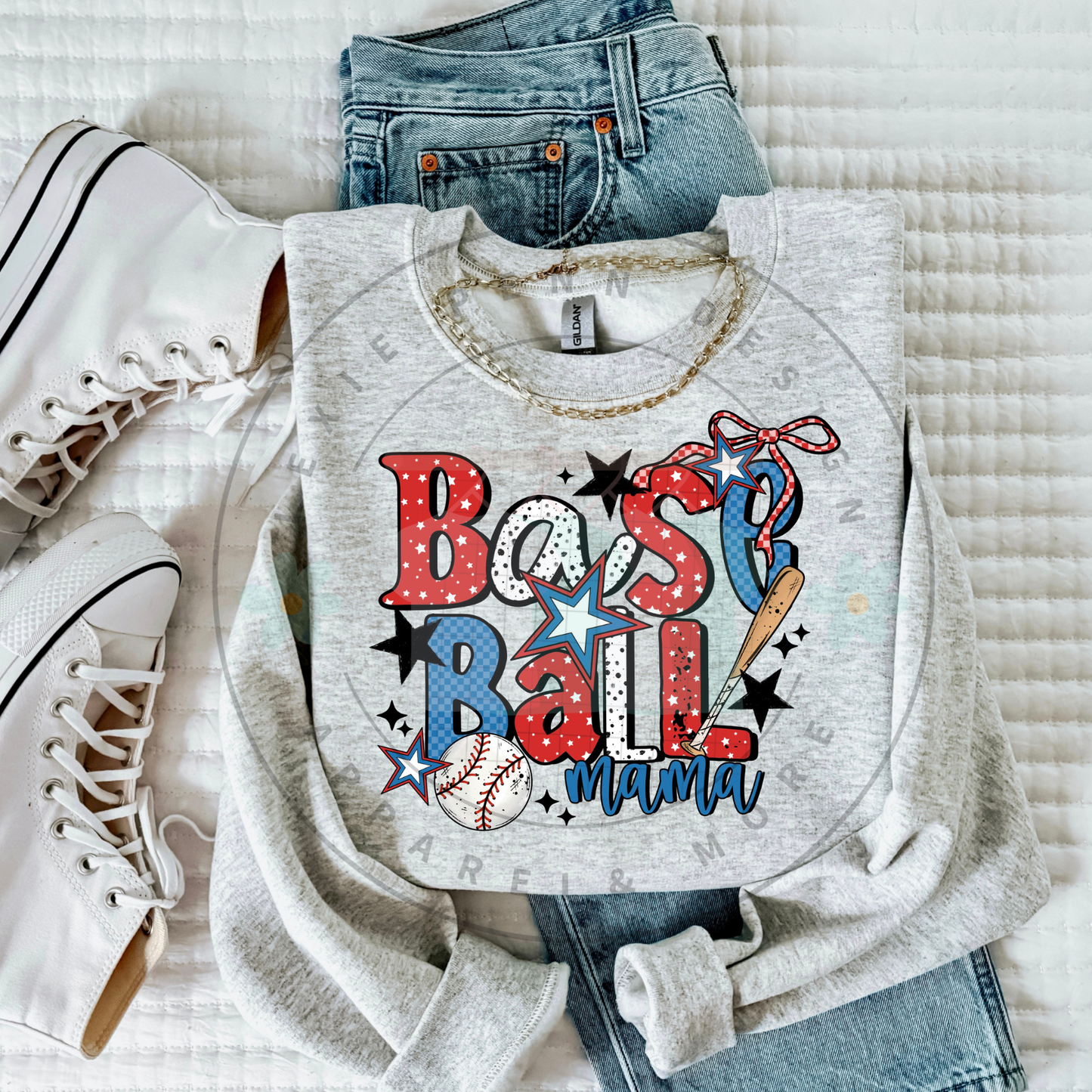 Baseball Mama Red White Blue Sweatshirt in Ash Gray
