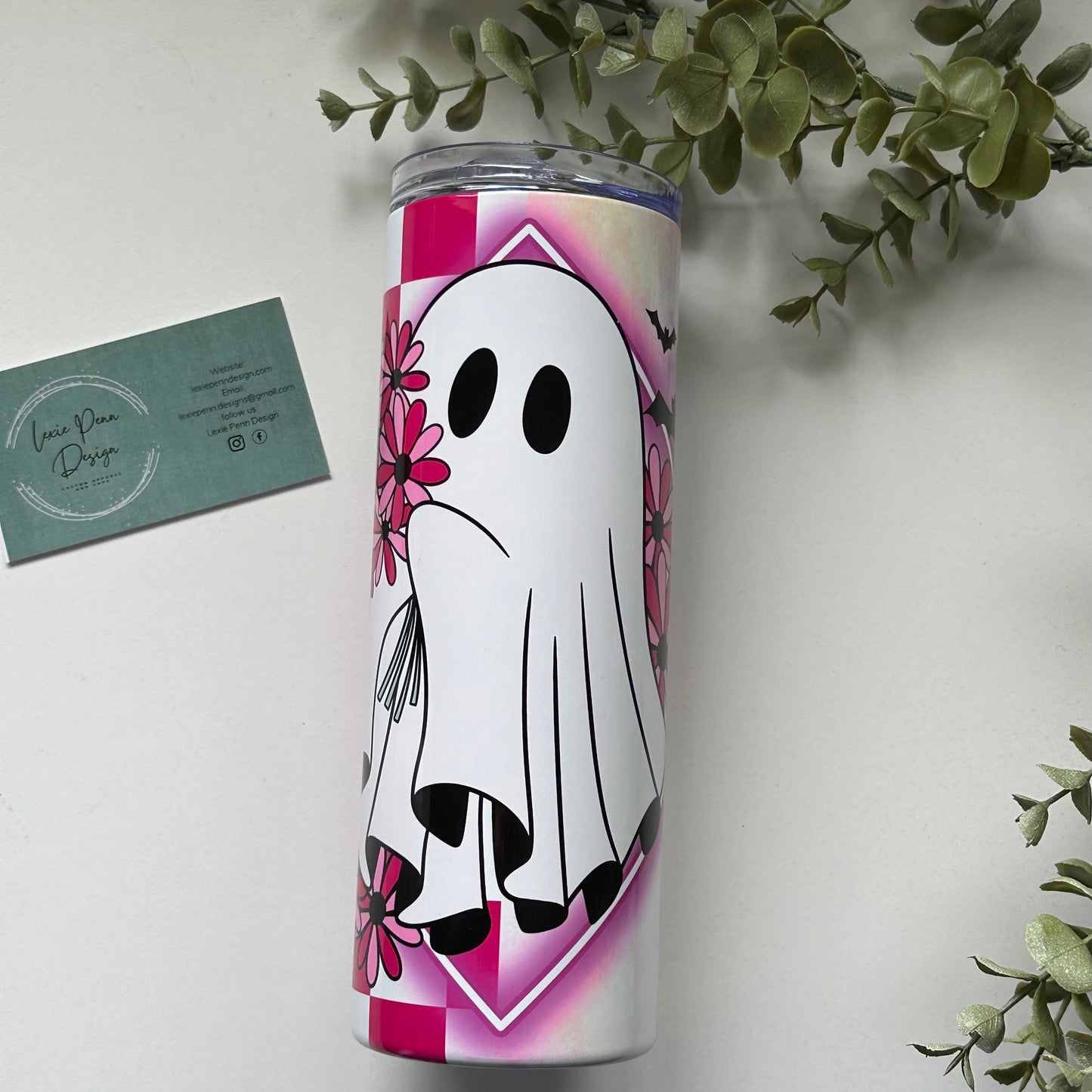 READY TO SHIP Cutesy retro pink ghost 20oz stainless steel tumbler with lid
