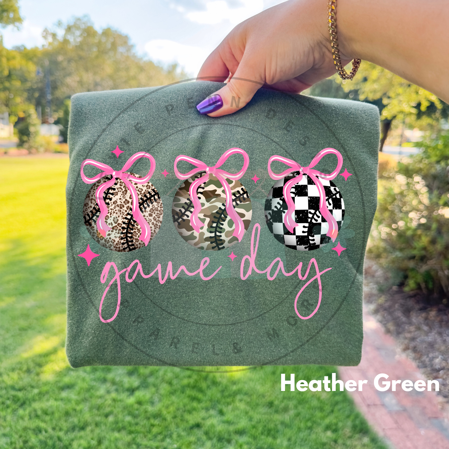 Play ball Game day tee in Heather green