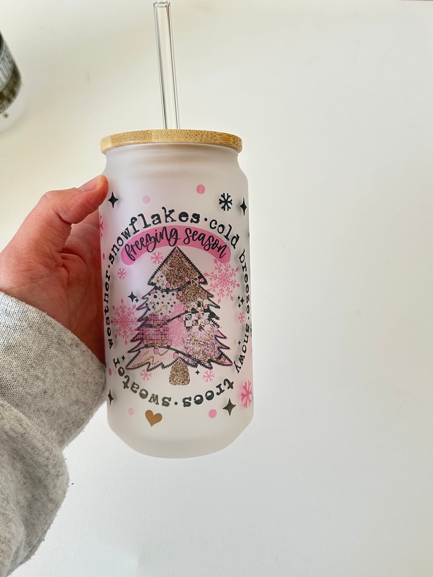 Pink freezing season 18oz glass cup with lid and straw