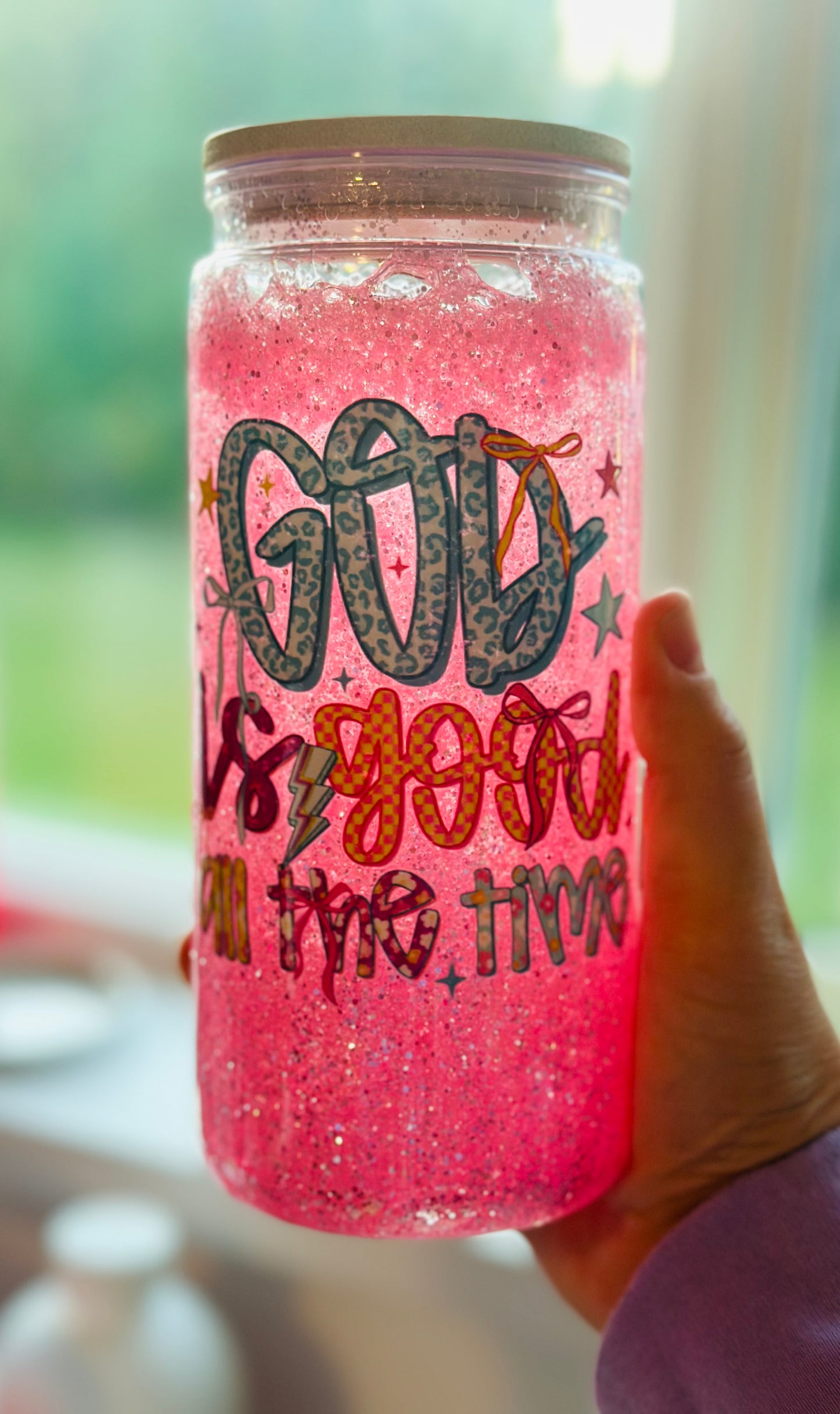 Pink God is Good all the Time 20oz Acrylic Snow Globe cup with lid and straw