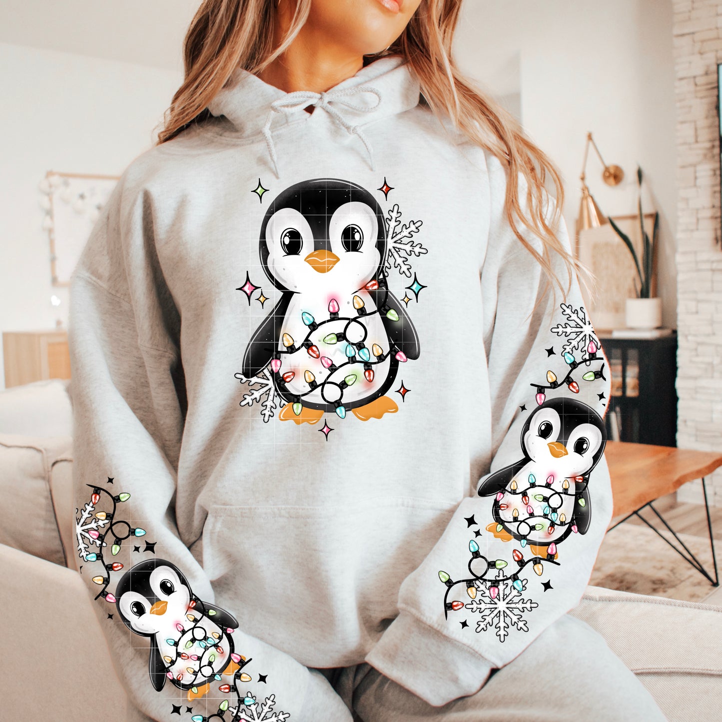 Christmas Penguin Hooded sweatshirt with sleeve details in Ash
