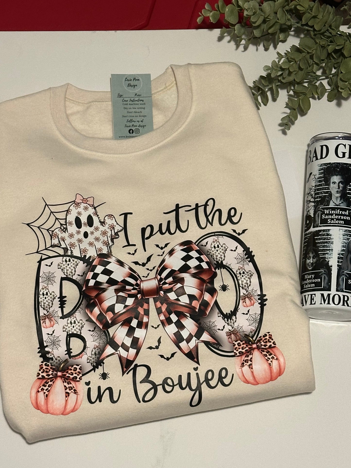 READY TO SHIP Pink I put the boo in boujee crewneck sweatshirt in cream