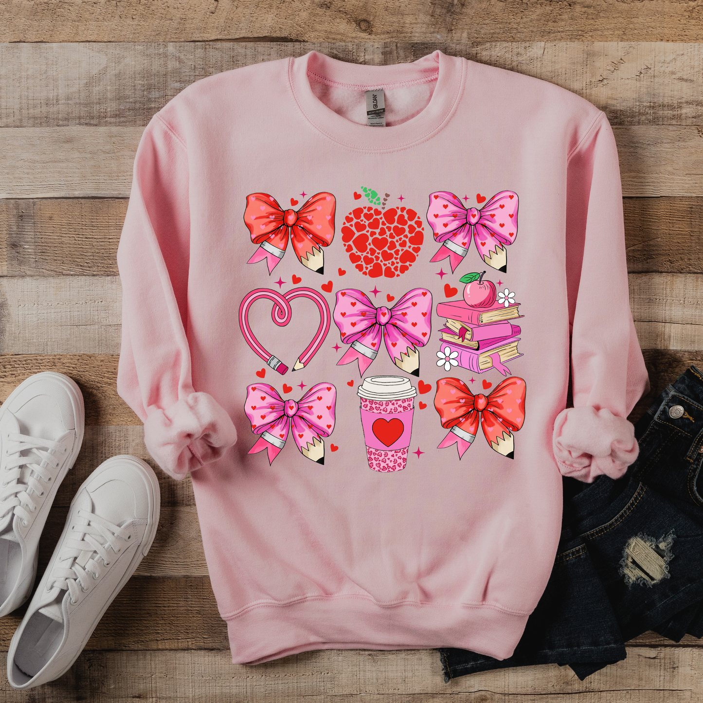 Valentines Bow and School Supplies Teacher Sweatshirt