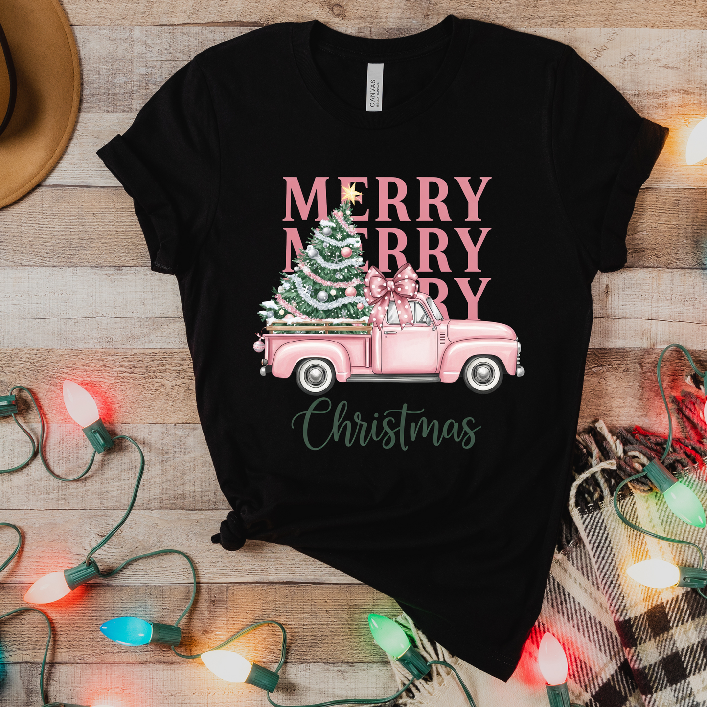 Girly Merry Christmas Tree Truck T-shirt in Black