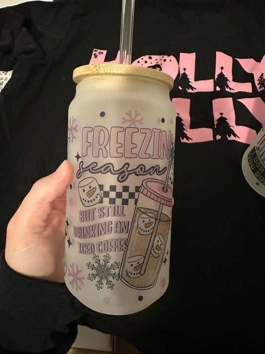 Freezing season but still drinking my ice coffee 18oz glass cup with lid and straw