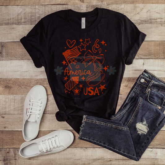 America Red Doodle T-shirt in Bella Canvas Black