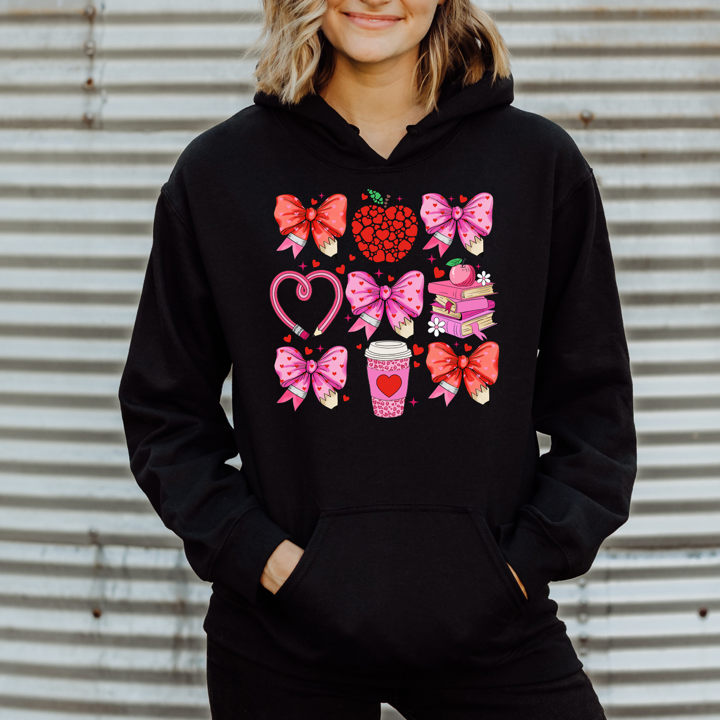 Valentines Bow and School Supplies Teacher Sweatshirt