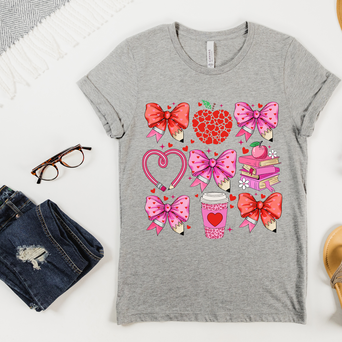 Valentines Bow and School Supplies Teacher t-shirt