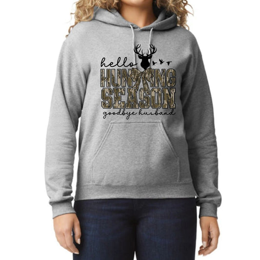 Hello Hunting Season hooded sweatshirt in gray