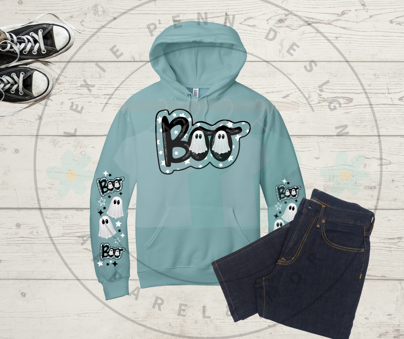 Boo with ghost sleeves hooded sweatshirt in Sage