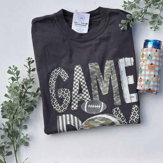 Camo and Leopard Print Football Game Day T-shirt in Pepper