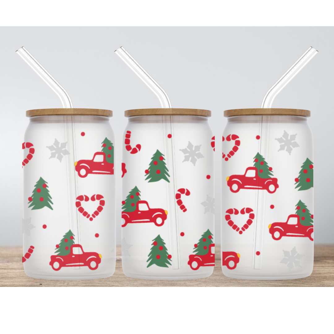 Red retro truck christmas 18oz frosted glass cup