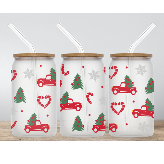 Red retro truck christmas 18oz frosted glass cup