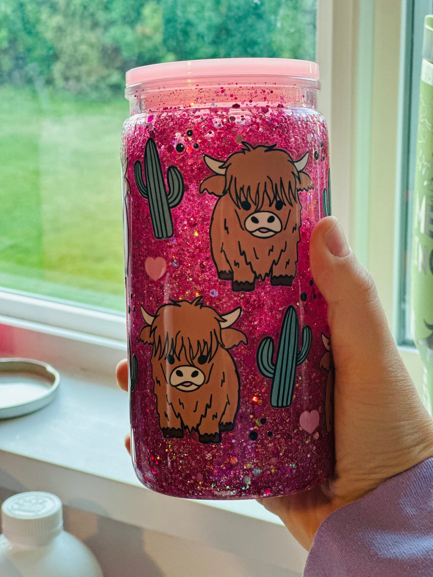 Pink Highland Cow 16oz Acrylic Snow Globe cup with lid and straw