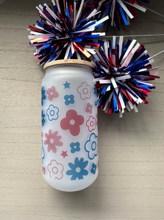 Red & Blue flower 18oz flower glass cup
