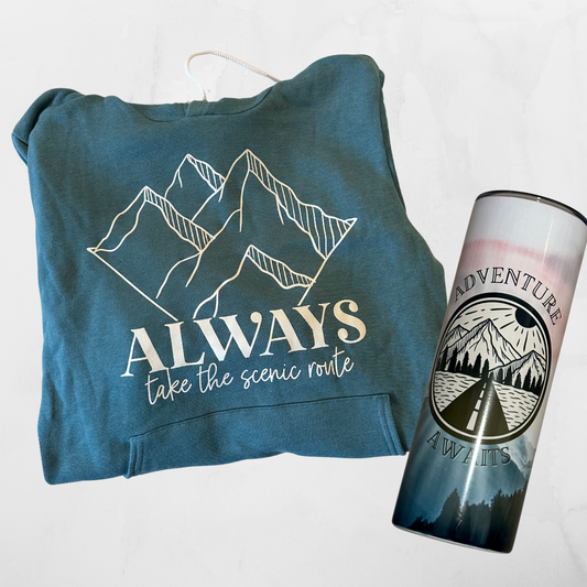 Always take the scenic route hoodie & adventure awaits tumbler bundle